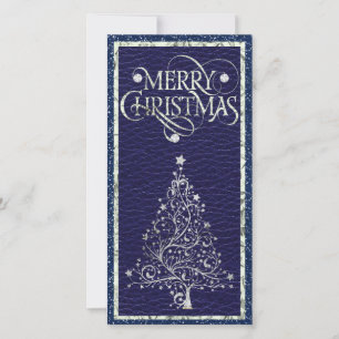 Modern Silver and Blue Christmas Tree Flat Card
