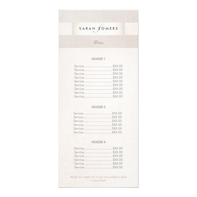 Modern Silver and Linen Monogrammed Price List Rack Card (Front)
