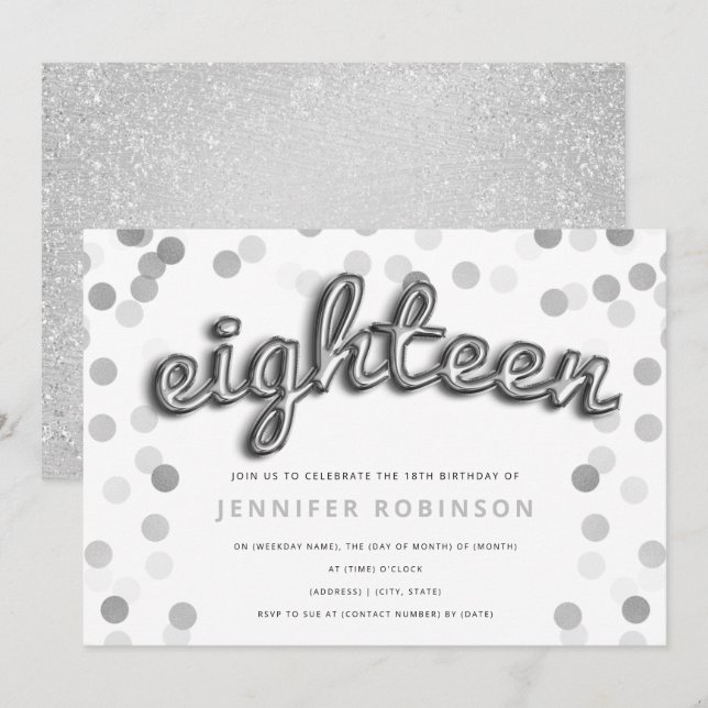 Modern Silver Balloons Glitter 18th Birthday Invitation (Front/Back)