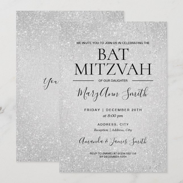 Modern Silver Bat Mitzvah Faux Glitter Paint Invitation (Front/Back)