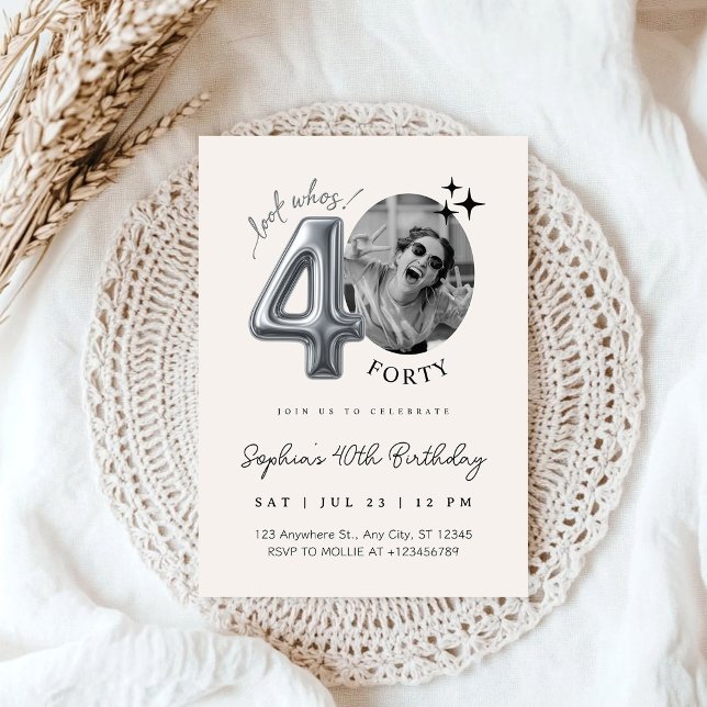Modern Silver Beige 40th Birthday Photo Invitation (Creator Uploaded)