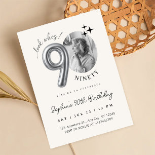 Modern Silver Beige 90th Birthday Photo Invitation