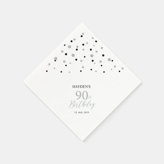 Modern Silver & Black 90th Birthday Party Napkins (Corner)