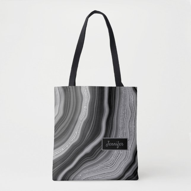 Modern Silver Black Agate Crystal Personalise Name Tote Bag (Front)