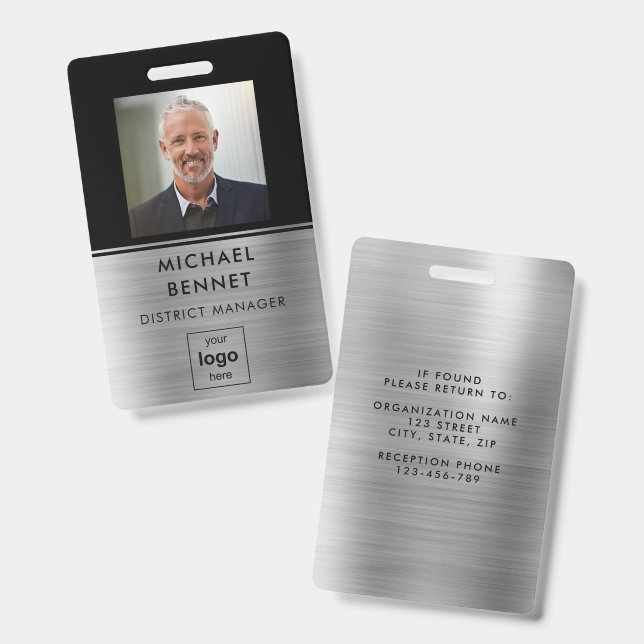 Modern Silver Black Employee Photo ID Badge (Front & Back)