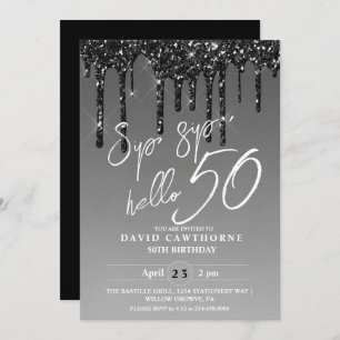 Modern Silver Black Glitter 50th Birthday Party Invitation