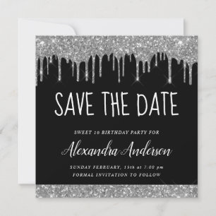 Modern Silver Black Glitter Sweet 16 Save the Date Invitation