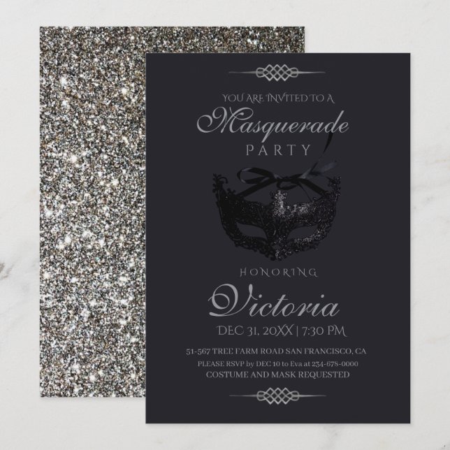 Modern Silver Black Masquerade Party Birthday Invitation (Front/Back)