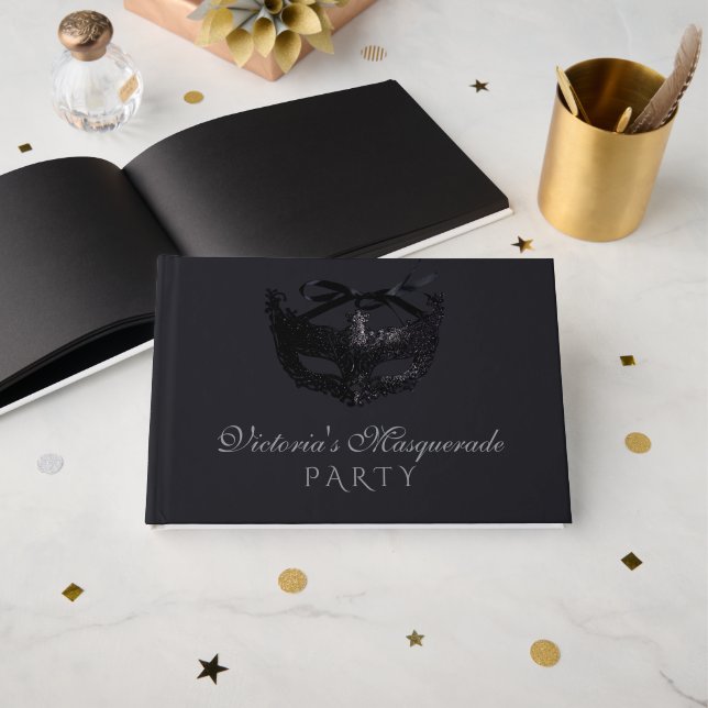 Modern Silver Black Masquerade Party  Guest Book (Front Open)