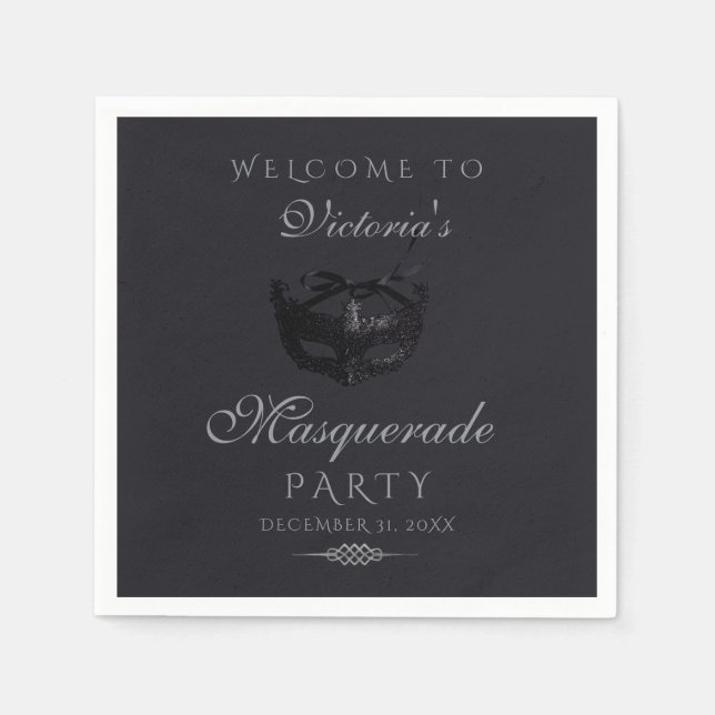 Modern Silver Black Masquerade Party  Napkin (Front)