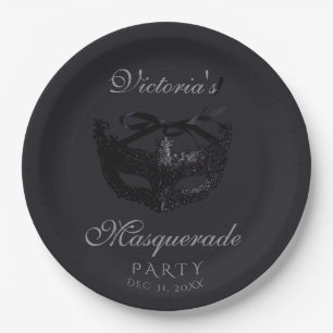 Modern Silver Black Masquerade Party  Paper Plate