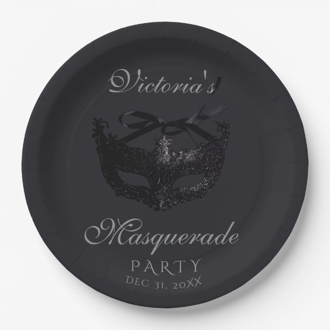 Modern Silver Black Masquerade Party  Paper Plate (Front)