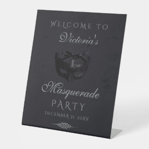 Modern Silver Black Masquerade Party Welcome Sign