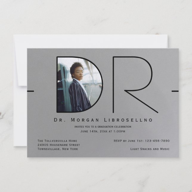 Modern Silver Black Photo DR Graduation Invitation (Front)