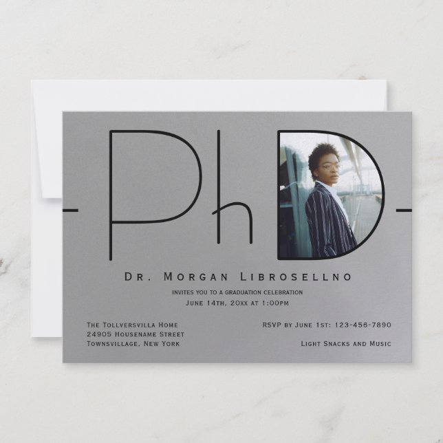 Modern Silver Black Photo PhD Graduation Invitation (Front)