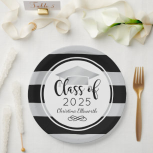 Modern Silver Black Stripes Custom Graduation Paper Plate