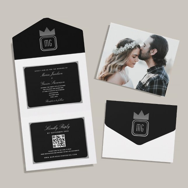 Modern Silver Black White QR Code Wedding  All In One Invitation (Creator Uploaded)