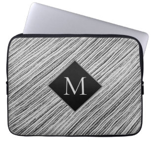 Modern Silver Black White Stripes Monogram Laptop Sleeve