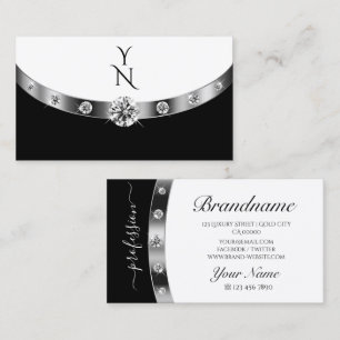 Modern Silver Black White with Monogram Diamonds Business Card
