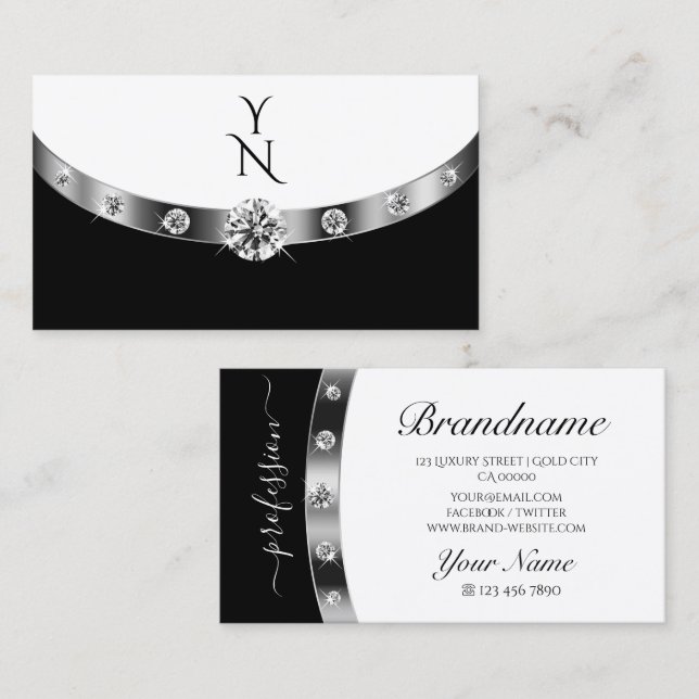 Modern Silver Black White with Monogram Diamonds Business Card (Front/Back)