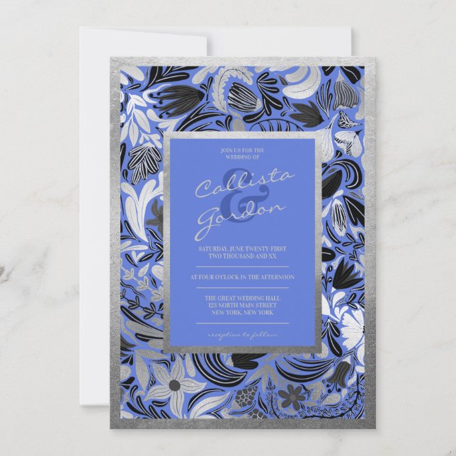 Modern Silver Blue Black Floral Botanical Wedding Invitation (Front)