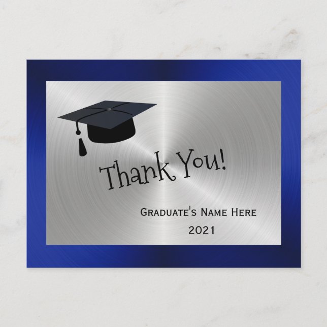 Modern Silver Blue Cap Thank You Graduation Postcard (Front)