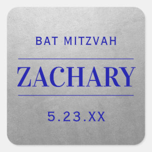Modern Silver & Blue Mitzvah Birthday Name Favour Square Sticker
