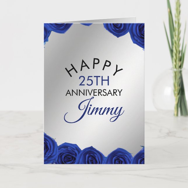 Modern Silver Blue Roses Husband 25th Anniversary Card (Front)