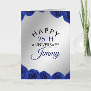 Modern Silver Blue Roses Husband 25th Anniversary Card