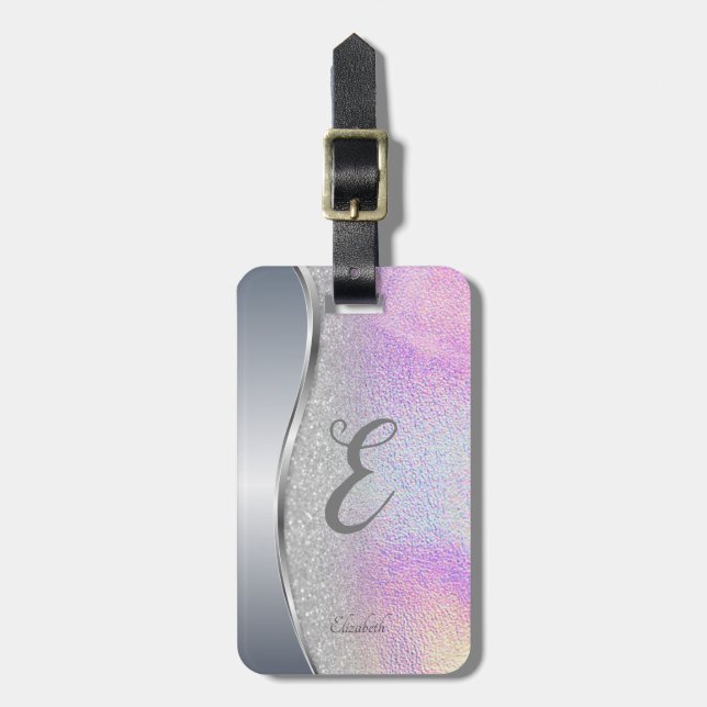 Modern Silver Bokeh,Holographic, Monogram Luggage Tag (Front Vertical)