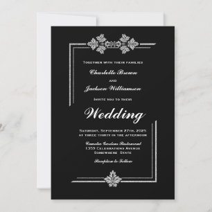 Modern Silver Border Black Wedding Invitation
