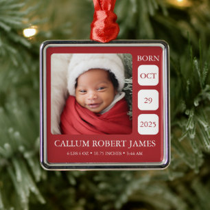 Modern Silver Border Red Baby Birth Stats Ornament