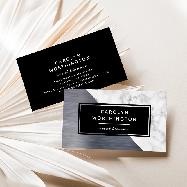 Modern Silver Brushed Foil White Marble Black Business Card (Creator Uploaded)