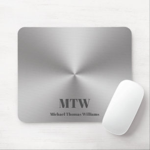 Modern Silver Brushed Metal Look Name and Monogram Mouse Mat