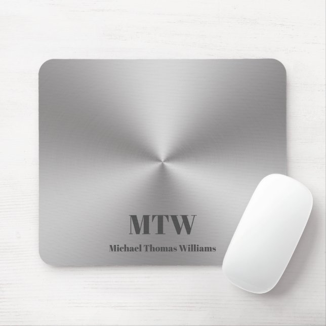 Modern Silver Brushed Metal Look Name and Monogram Mouse Mat (With Mouse)