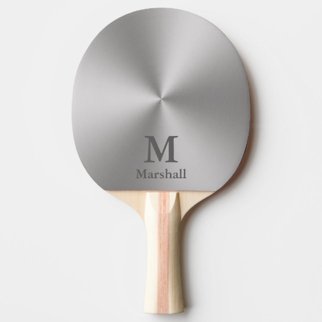 Modern Silver Brushed Metal Look Name & Monogram Ping Pong Paddle (Front)