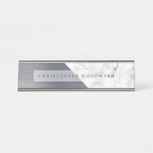 Modern Silver Brushed Metal White Marble Desk Name Plate