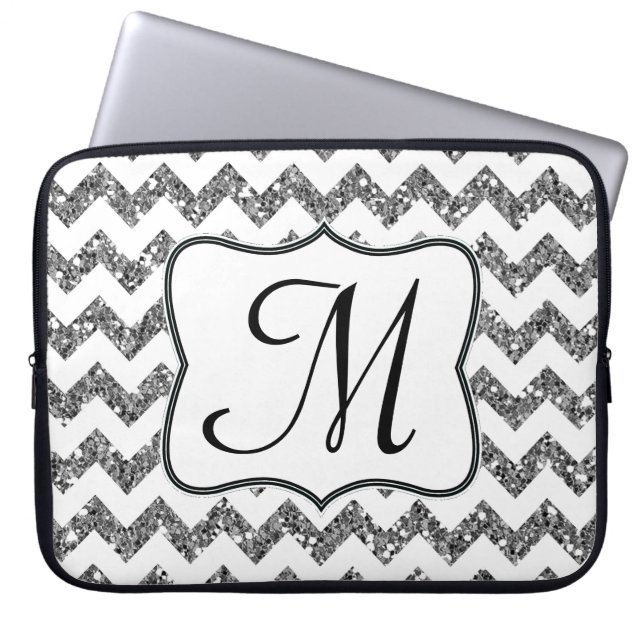 Modern Silver Chevron Monogram 15" Laptop Case (Front)