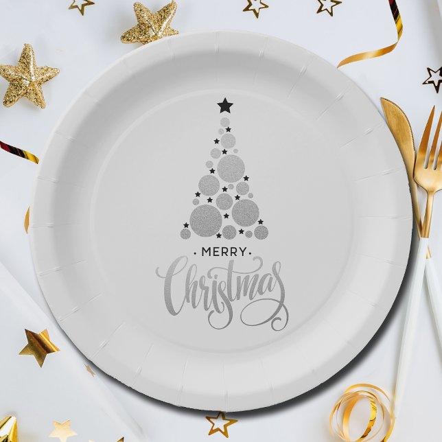 Modern Silver Christmas Tree Holiday Paper Plate (Modern Silver Christmas Tree Holiday Paper Plates)