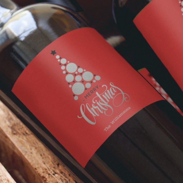 Modern Silver Christmas Tree on Red Wine Label (Creator Uploaded)