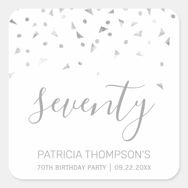 Modern Silver Confetti 70th Birthday Square Sticker (Front)