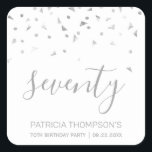 Modern Silver Confetti 70th Birthday Square Sticker<br><div class="desc">Help them celebrate their 70th birthday in style with this simple but elegant design, featuring faux silver triangular confetti sifting down on the word "seventy" in silver grey handwriting font. Personalise it with the name of the honoree in silver grey sans serif font, along with the occasion and date below...</div>