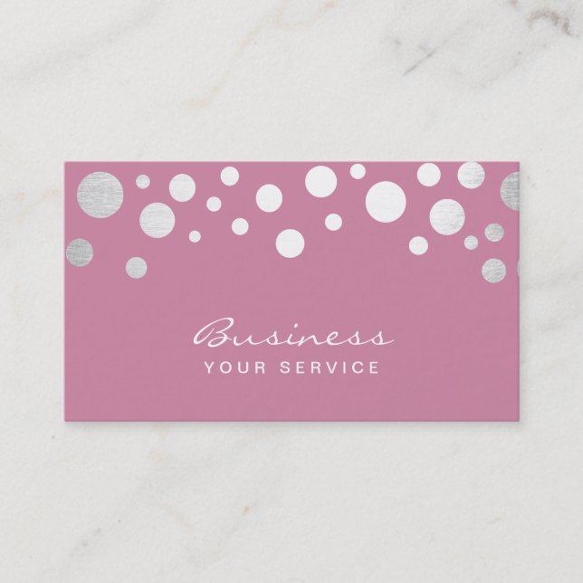 Modern Silver Confetti Dots Girly Pink Business Card (Front)