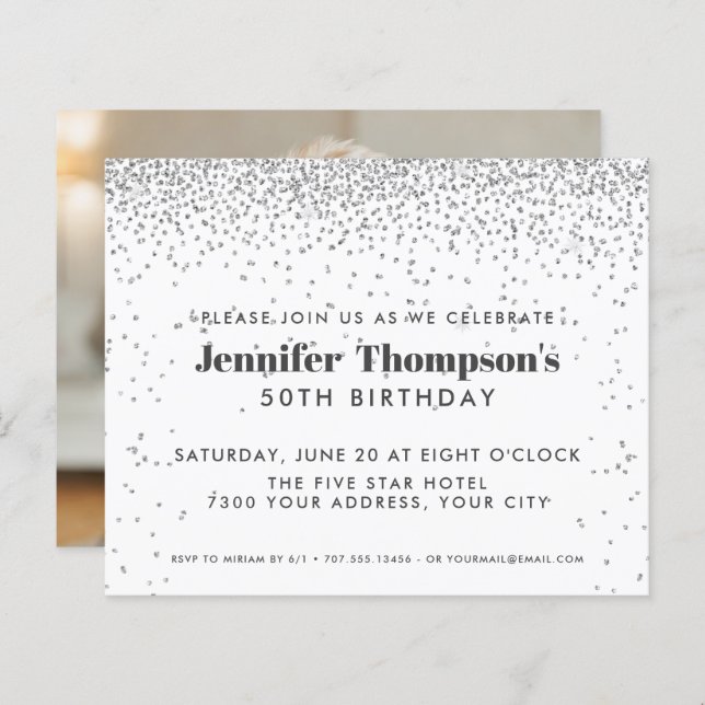 Modern Silver Confetti Glitter 50th Birthday Photo (Front/Back)