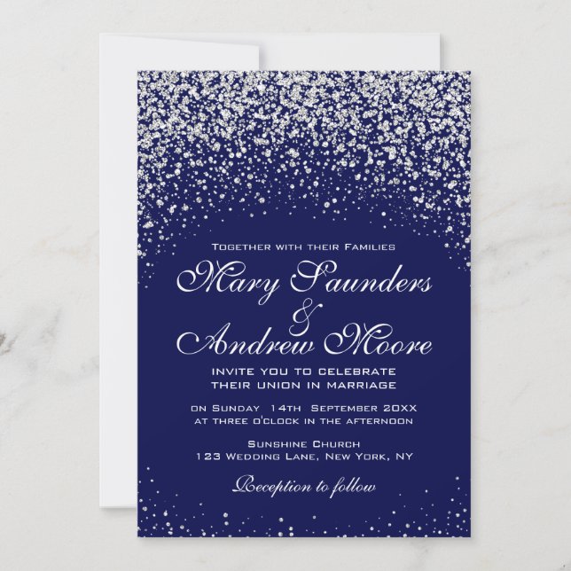Modern  Silver Confetti on Royal Blue Invitation (Front)