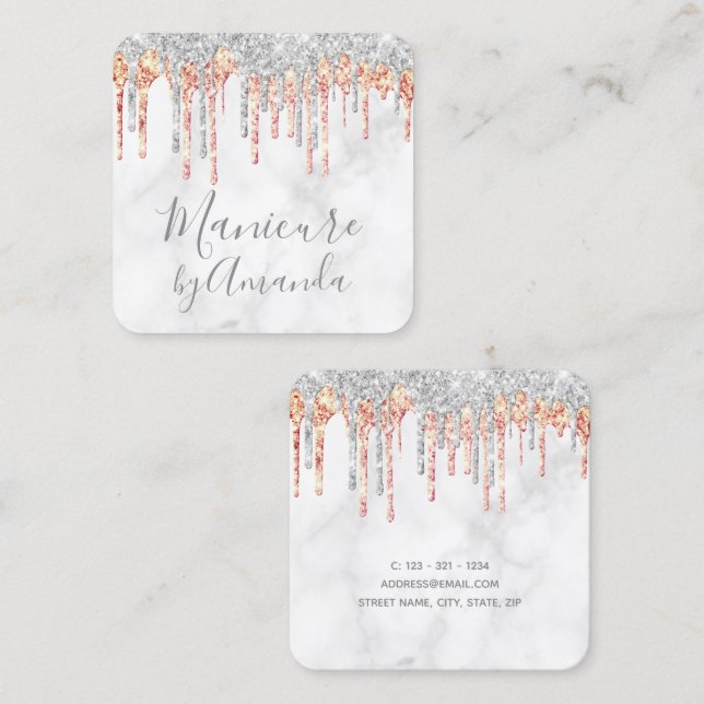 Modern silver copper marble glitter drips manicure square business card (Front/Back)