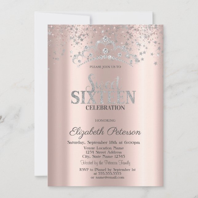 Modern Silver Crown Confetti Rose Gold  Sweet 16 Invitation (Front)