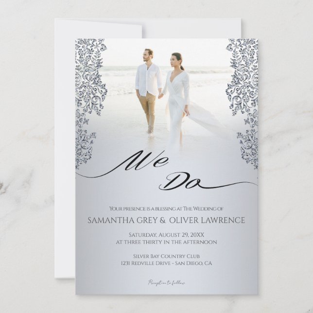 Modern Silver Damask Photo Wedding Invitation (Front)