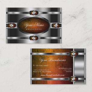Modern Silver Dark Orange Marble and Faux Diamonds Business Card