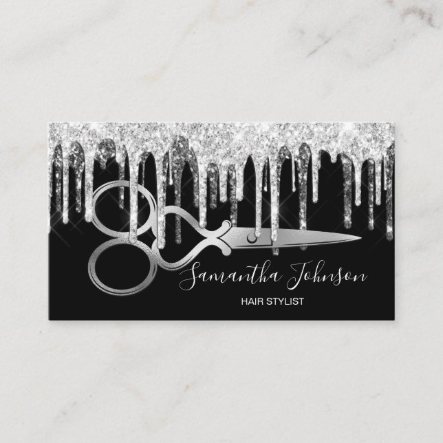 Modern Silver drip hairstylist hairdresser Business Card (Front)